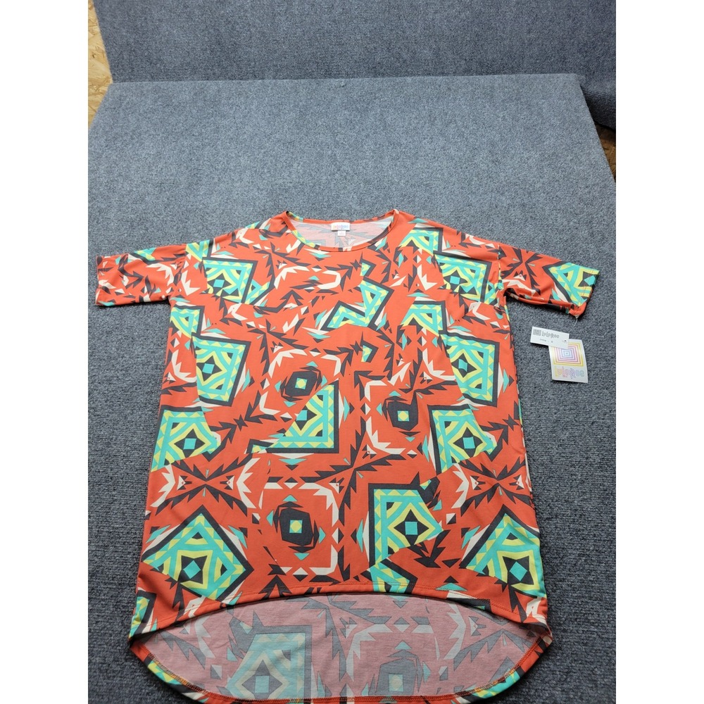 LuLaRoe Irma Tunic Top Small Orange Geometric Tribal Print High Low NWT